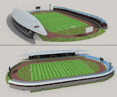 Modern Football Stadium With Grandstands Running Track And Green Grass Field 3d model