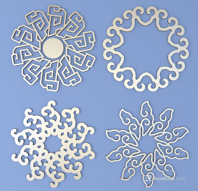 Intricate Decorative Carvings With Various Geometric And Curvy Patterns On Blue Background 3d model