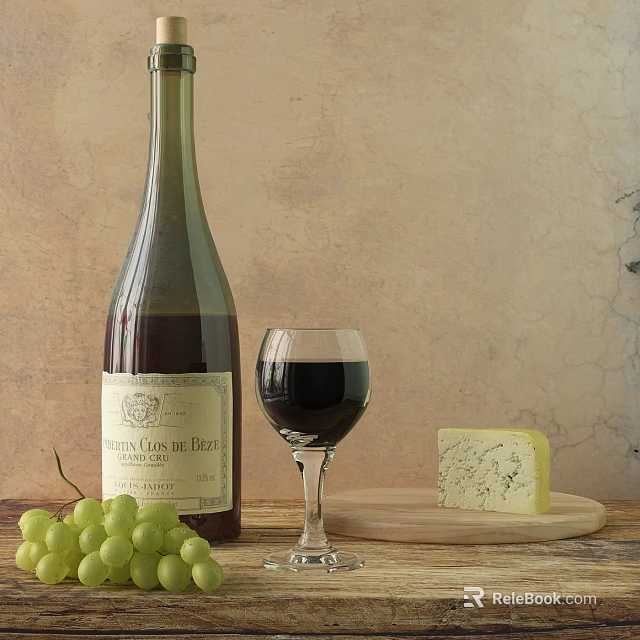 Wine Bottle and Glass with Red Wine Grapes Blue Cheese on Wooden Board Textured Wall 3d model 