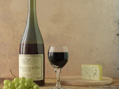 Wine Bottle and Glass with Red Wine Grapes Blue Cheese on Wooden Board Textured Wall 3d model