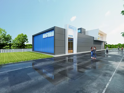 Modern Minimalist Commercial Building Exterior Facade With Sleek Gray And Striking Blue Wall Decoration 3d model