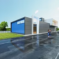 Modern Minimalist Commercial Building Exterior Facade With Sleek Gray And Striking Blue Wall Decoration