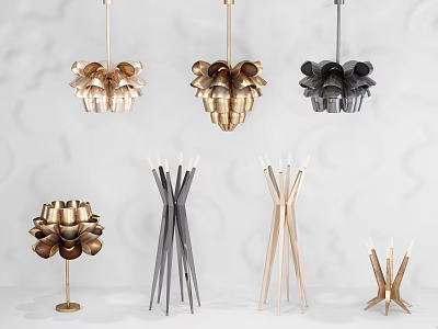 Contemporary Lighting Combinations Featuring Petal Shaped Pendants And Geometric Floor Lamps 3d model