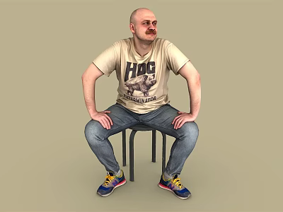 Man Sitting On Chair Wearing HOG Printed T shirt Blue Jeans And Colorful Sneakers 3d model