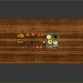 Dining Table With Wooden Top And Colorful Fruits Vegetables