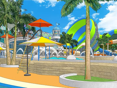 Tropical Garden Landscape with Palm Trees Pool Colorful Umbrellas Water Slides Dome Structure and Greenery 3d model