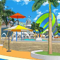 Tropical Garden Landscape with Palm Trees Pool Colorful Umbrellas Water Slides Dome Structure and Greenery
