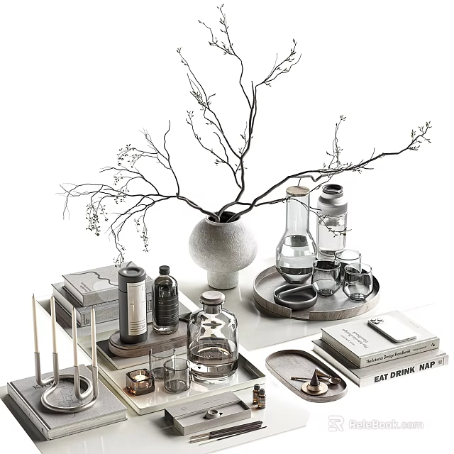 Elegant Decorative Ornament Set With Vase Branches Glass Bottles Candles And Books 3d model 