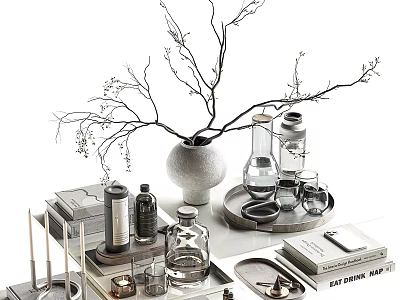 Elegant Decorative Ornament Set With Vase Branches Glass Bottles Candles And Books 3d model