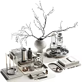 Elegant Decorative Ornament Set With Vase Branches Glass Bottles Candles And Books