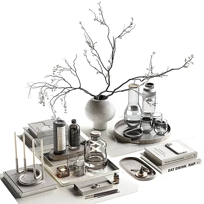 Elegant Decorative Ornament Set With Vase Branches Glass Bottles Candles And Books 3d model