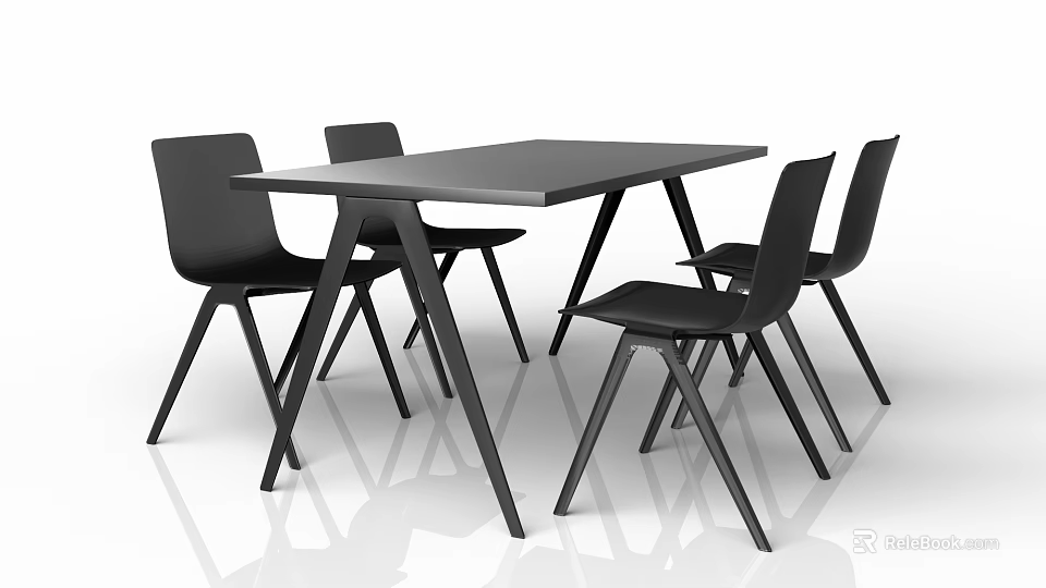 Modern Black Dining Table And Chairs Set With Square Tabletop And Four Minimalist Chairs 3d model 