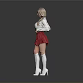 Blonde Woman In White Sweater Red Pleated Skirt And Long White Socks On Black Background
