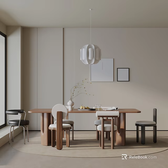 Modern Wooden Dining Table Set With White Black Chairs Pendant Light Beige Wall Artwork 3d model 
