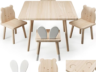 Wooden Kids Table Set With Bear Shaped Chairs And Rabbit Ear Chair 3d model