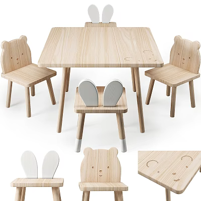 Wooden Kids Table Set With Bear Shaped Chairs And Rabbit Ear Chair 3d model
