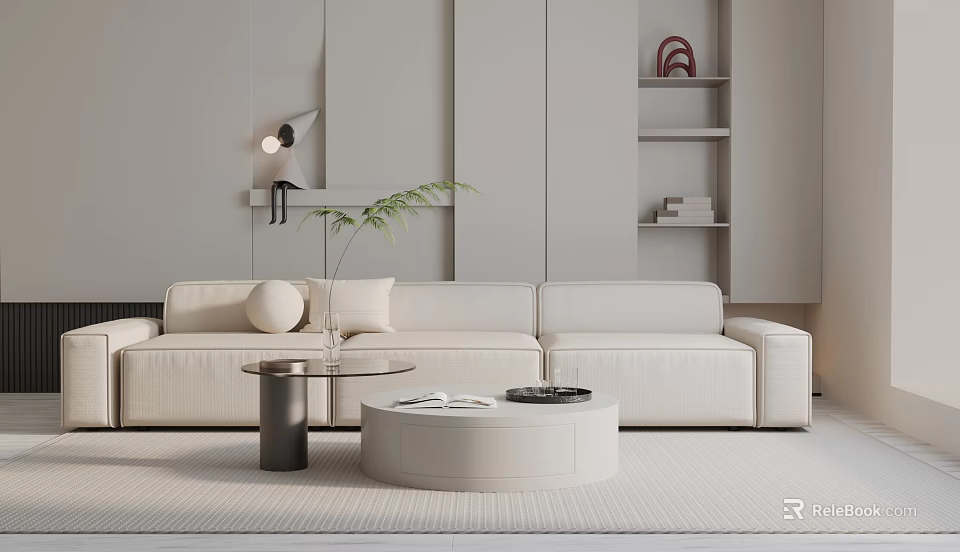 Modern White Three Seater Sofa With Round Coffee Table Green Plant On Soft Rug 3d model 