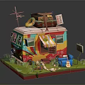 Colorful Camper Van With Luggage Donut Tube Sign Guitar And Campfire On Grass