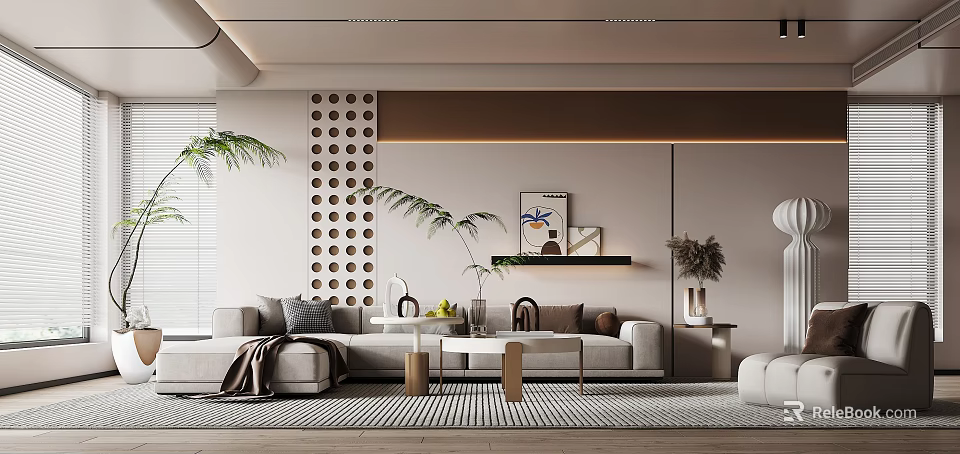 Modern Living Room Interior With Beige Sofa Circular Perforated Panel Green Plants And Decorative Paintings 3d model 