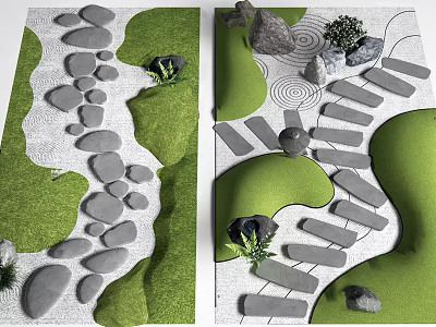 Natural Stone and Slab Stepping Stones in Garden Landscape With Green Lawn Pebbles and Plants 3d model