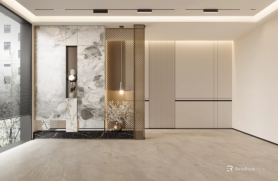 Modern Front Desk Reception With Marble Wall Gold Metal Partition And Pendant Light And Storage Cabinets 3d model 
