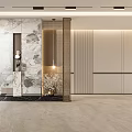 Modern Front Desk Reception With Marble Wall Gold Metal Partition And Pendant Light And Storage Cabinets