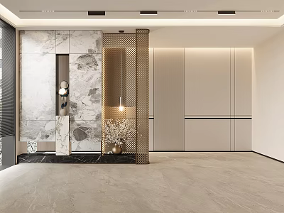 Modern Front Desk Reception With Marble Wall Gold Metal Partition And Pendant Light And Storage Cabinets 3d model
