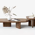 Modern Walnut Oval Coffee Table with White Vase Magazines and Decorative Plant