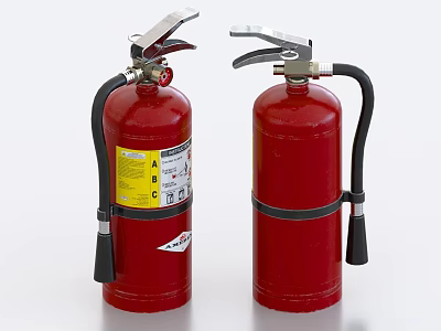 Two Red Fire Extinguishers With Black Hoses And Instruction Labels 3d model