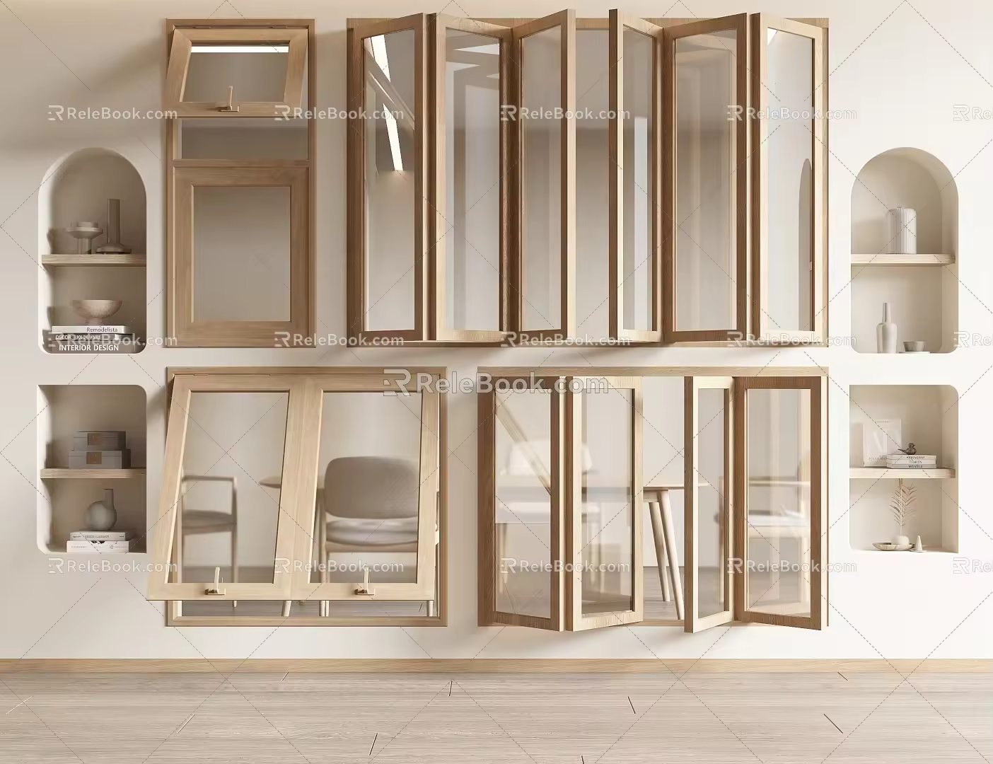 Cream window folding window casement window single open window exterior window wooden window 3d model
