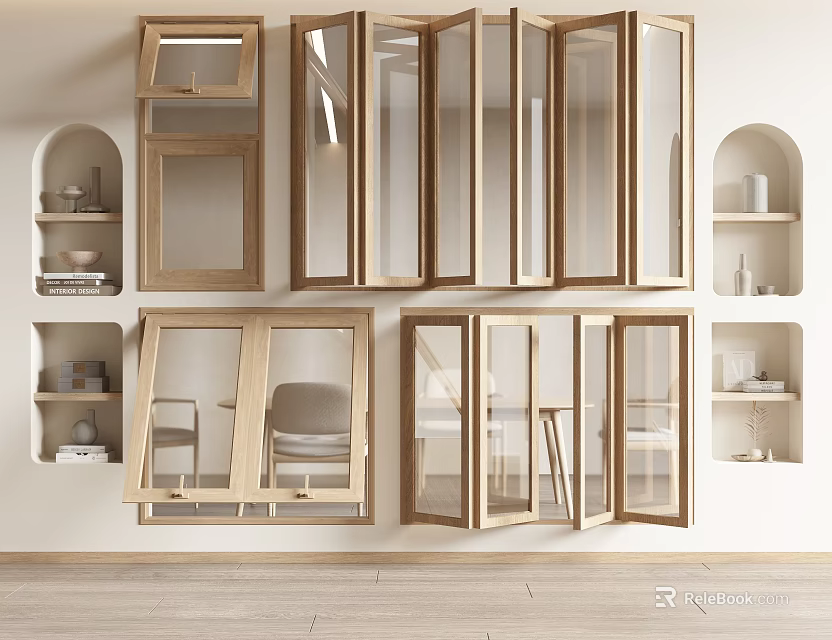 Modern Wooden Casement Windows Interior Design With Open Panels And Wall Niches 3d model 
