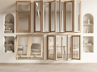 Modern Wooden Casement Windows Interior Design With Open Panels And Wall Niches 3d model