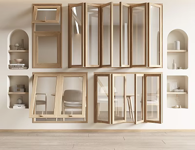 Modern Wooden Casement Windows Interior Design With Open Panels And Wall Niches 3d model