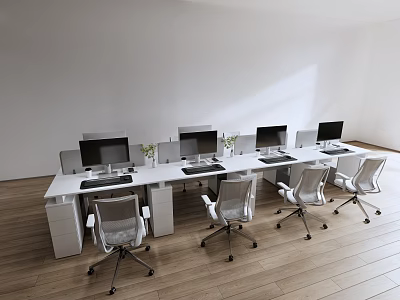 White Office Desk with Multiple Monitors Green Plants and Silver Chairs on Wooden Floor 3d model