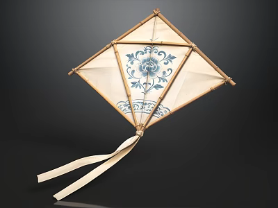 Diamond Shaped Kite With Beige Fabric And Blue Floral Pattern Tails 3d model