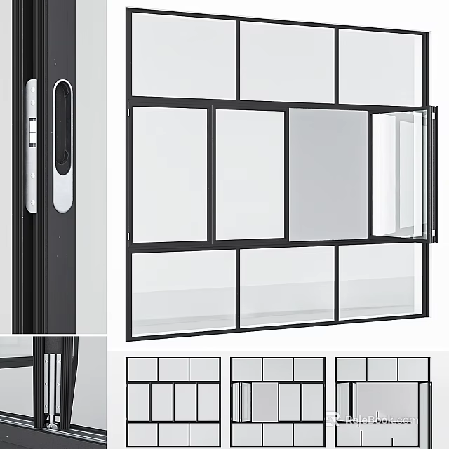 Modern Glass Window Design With Black Frame And Sliding Panel Features 3d model 