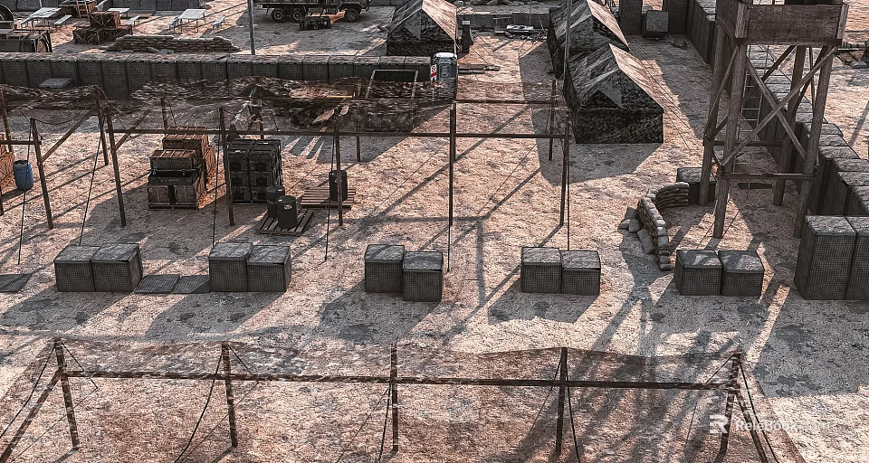 Military Camp Site With Barracks And Metal Structures On Sandy Terrain 3d model 