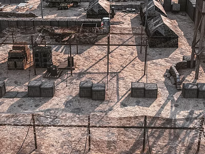 Military Camp Site With Barracks And Metal Structures On Sandy Terrain 3d model