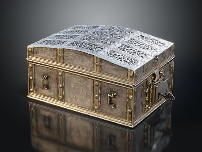 Ornate Vintage Decorative Box With Intricate Silver Carvings And Gold Accents 3d model