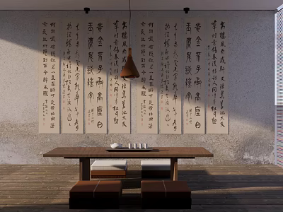 Traditional Chinese Tea Room With Hanging Lamp Long Wooden Table And Calligraphy Scrolls 3d model