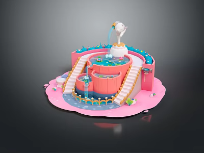 Colorful Cartoon Scene With Multi Layer Pink Structure Stairs Water Pools And Fountain Decorations 3d model