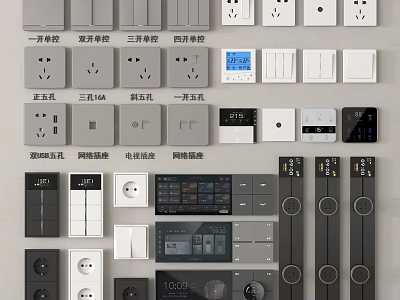 Various Switch Panels with Single Double Switches Sockets Dimming Controls and Display Screens 3d model