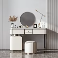 Modern White Dressing Table With Round Mirror Table Lamp Stool And Decorative Items 3d model