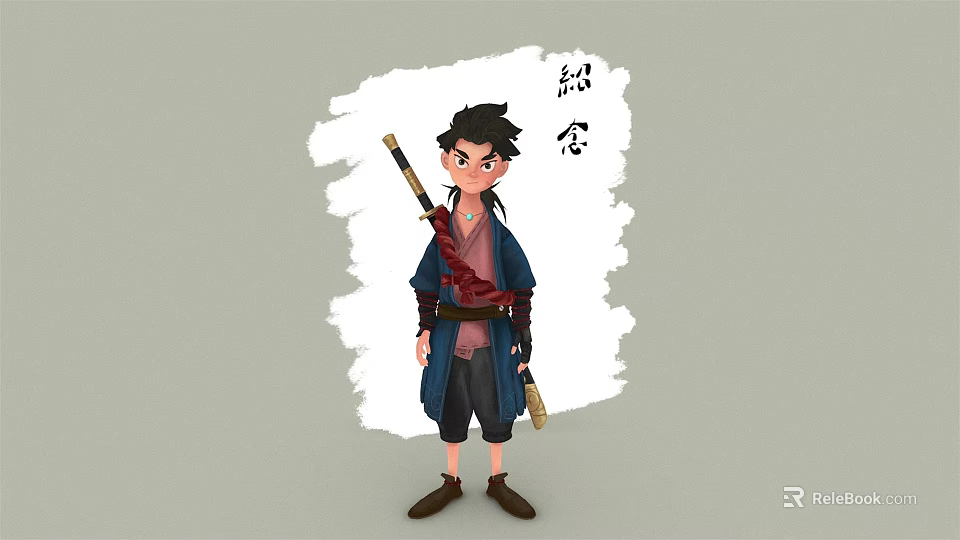 Anime Style Young Scarlet Cloud Warrior Character With Traditional Sword And Ink Wash Background 3d model 