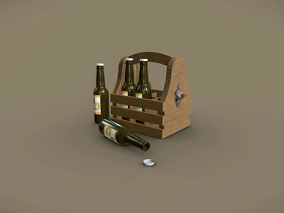 Still Life Scene Of Wooden Crate With Beer Bottles Fallen Bottle And Cap 3d model