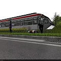 Modern White Red Stripe Train At Platform With Passengers Green Bushes And Dog