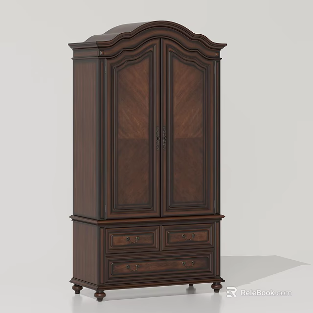 Classic Dark Wood Wardrobe With Double Doors Herringbone Pattern And Drawers 3d model 