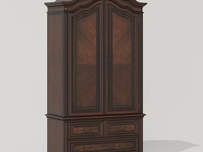 Classic Dark Wood Wardrobe With Double Doors Herringbone Pattern And Drawers 3d model