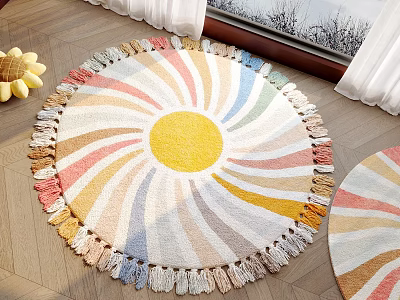 Colorful Sunburst Pattern Round Rug With Fringe On Wooden Floor 3d model