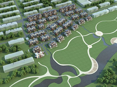 Residential Community Aerial View Planning With Green Spaces Paths And Water Features 3d model